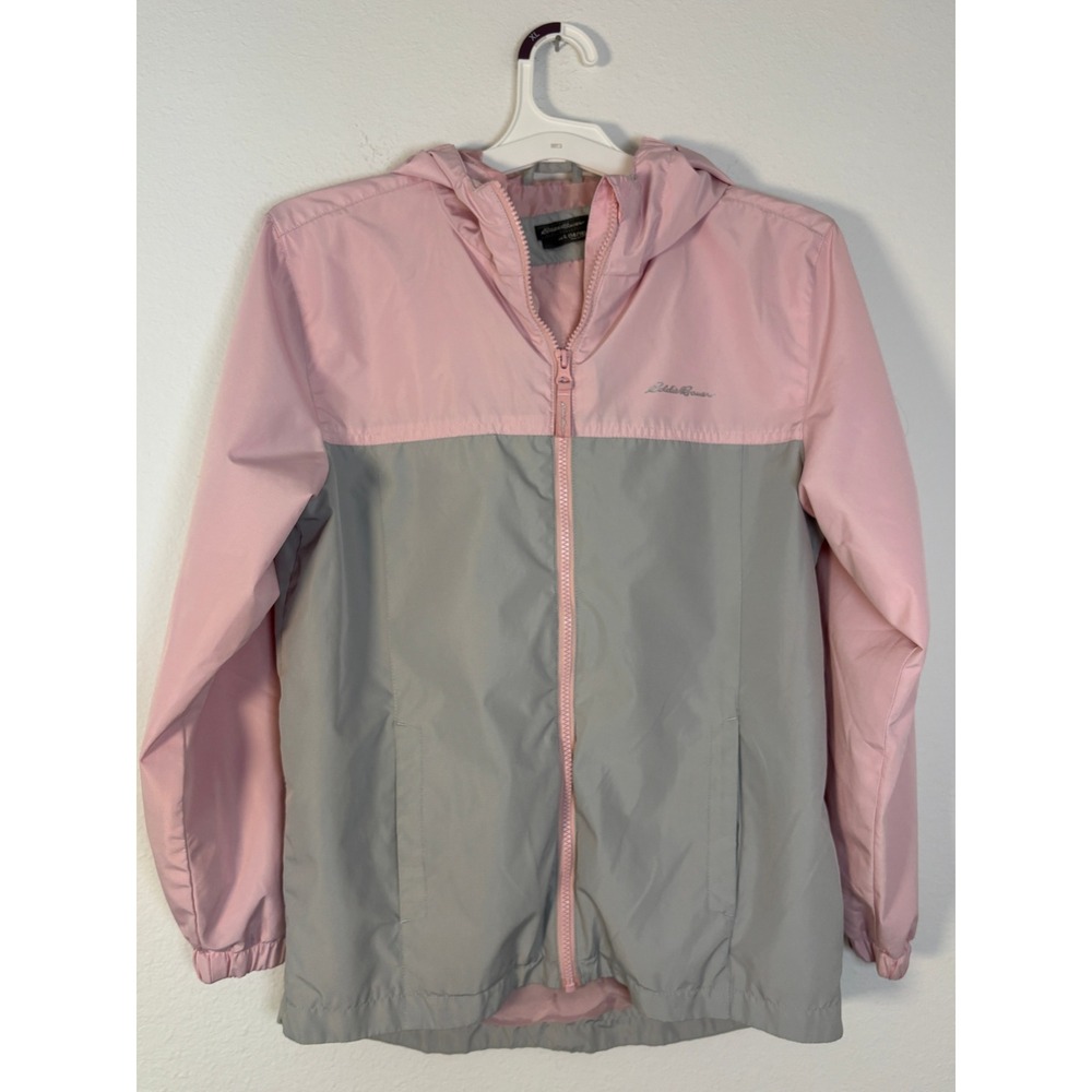 Eddie Bauer Kids Pink Grey Colorblock Windbreaker Hooded Jacket Size L 14/16